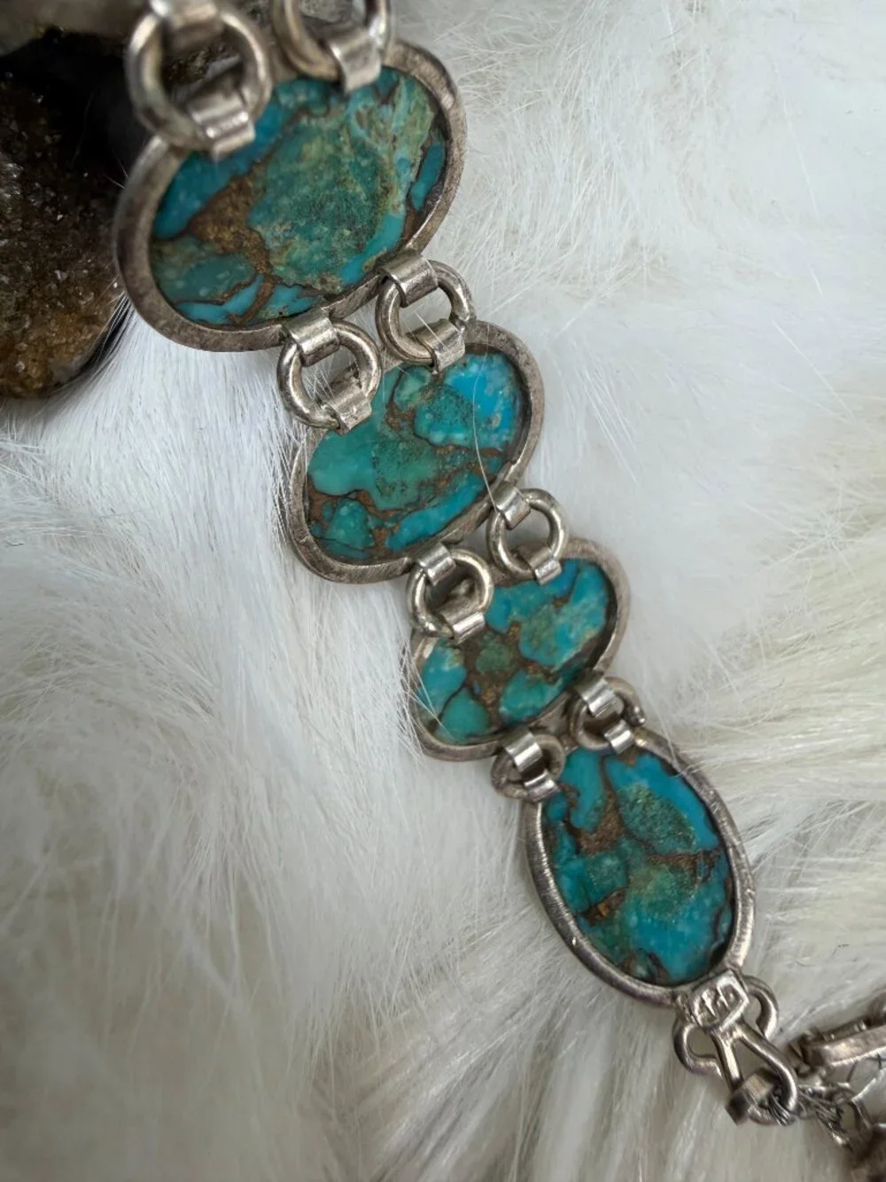 Sterling Silver & Oval Turquoise Stone Link Bracelet Toggle & Magnetic Clasp